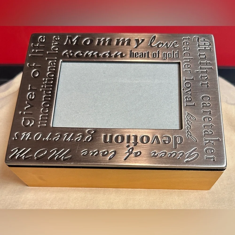 Mother’s Wooden Jewelry Box with Metal Photo Frame Lid